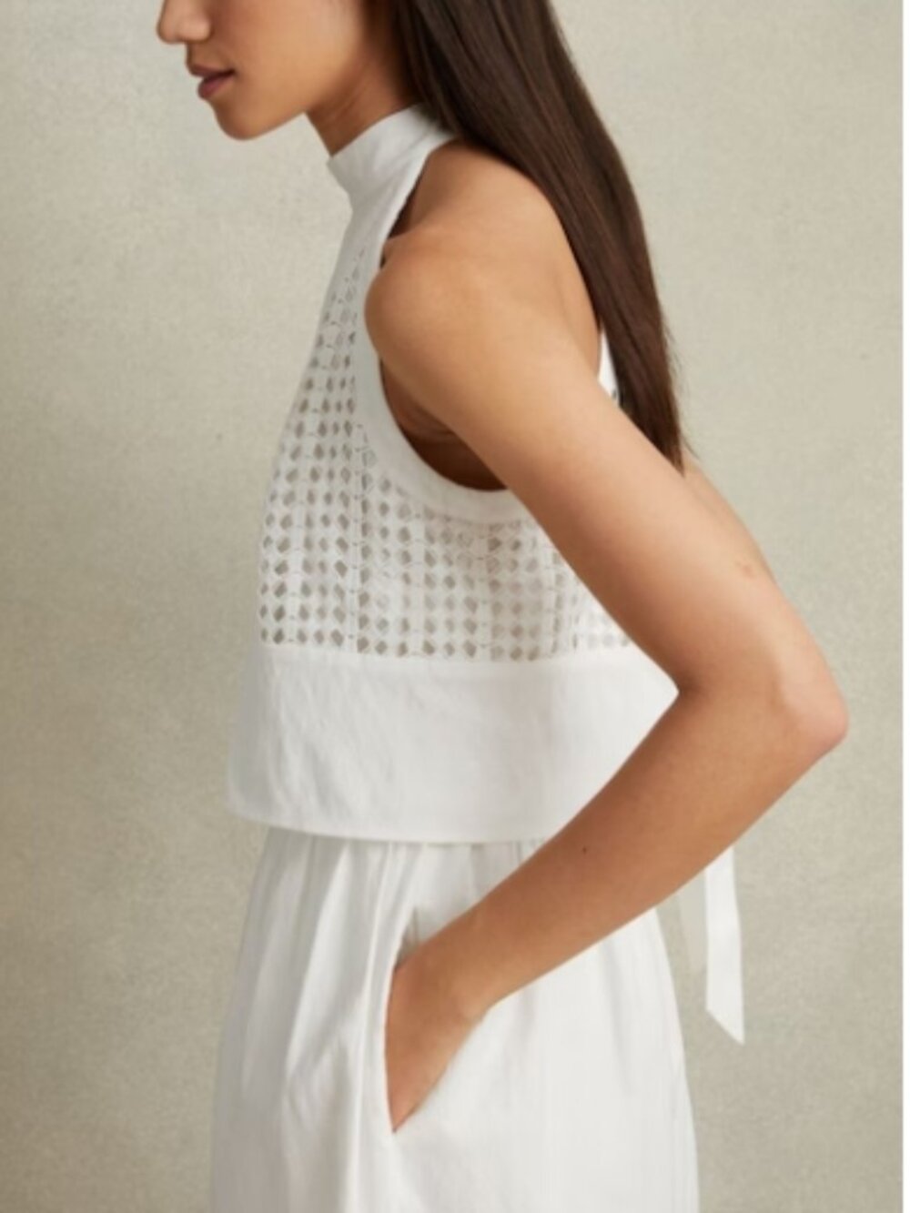 Reiss Eden Broderie Halter Neck Mini Dress With Linen Size US 2 • White • NWT - Picture 3 of 6